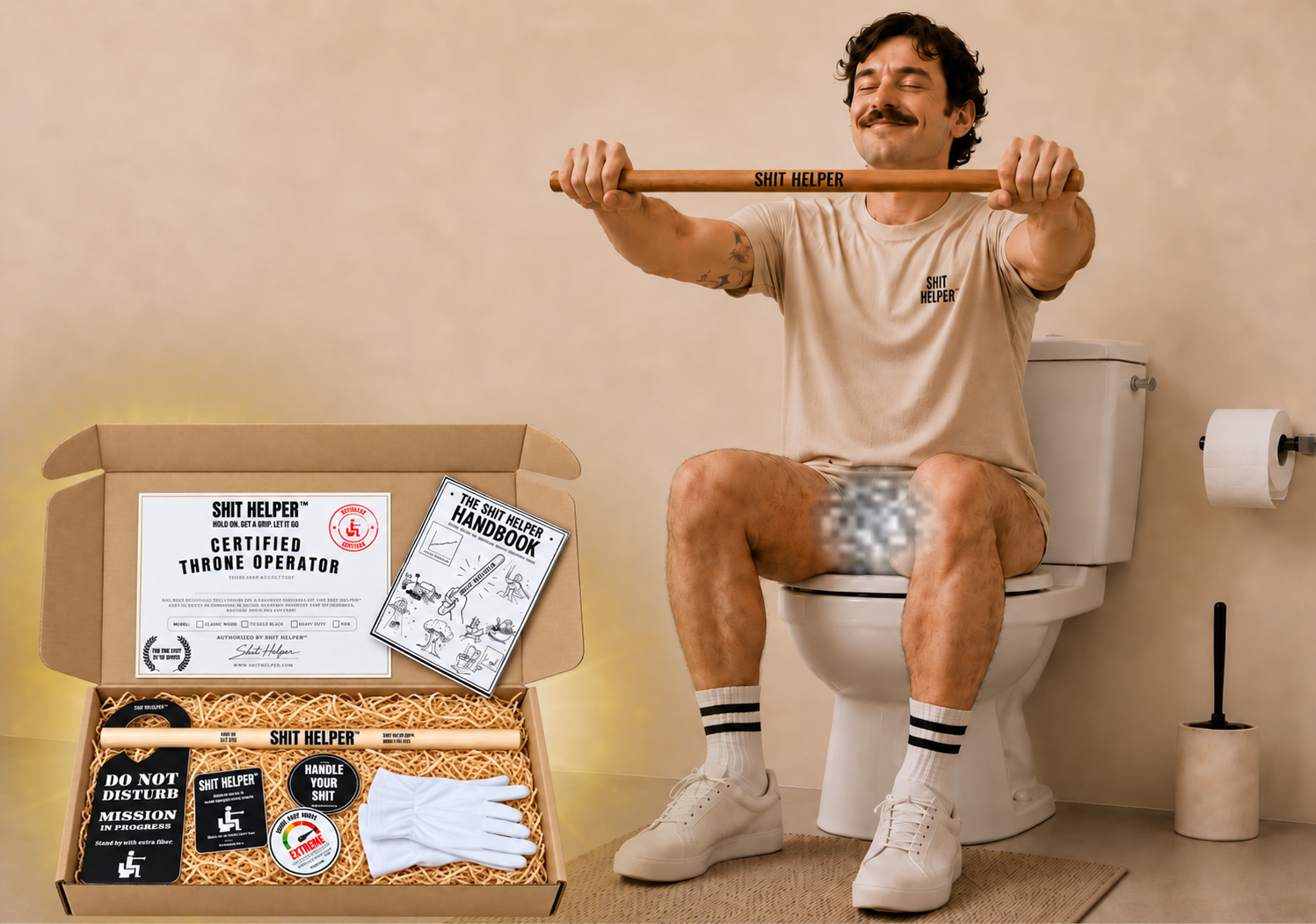Shit Helper kit crate with wooden stick, gloves, certificate, and door hanger